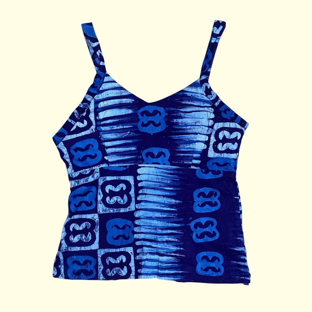 Handmade Blue Wax Print Adinkra Cami Top V-Neck Side Zip Batik Cotton Tank